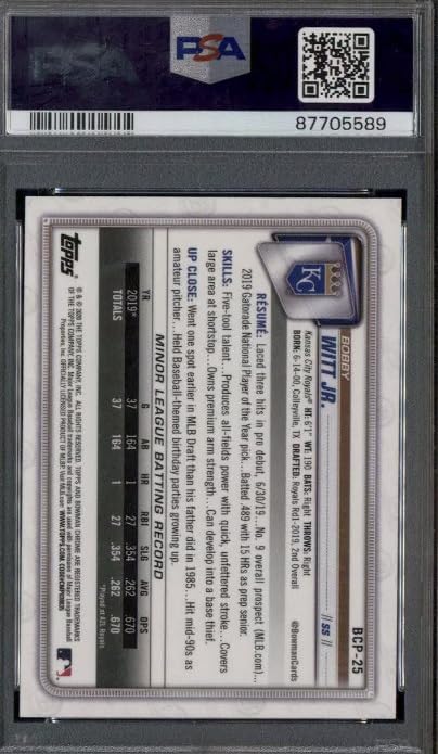 2020 Bowman Chrome Prospects Bobby Witt Jr. Refractor Rookie Card PSA 10 D36435