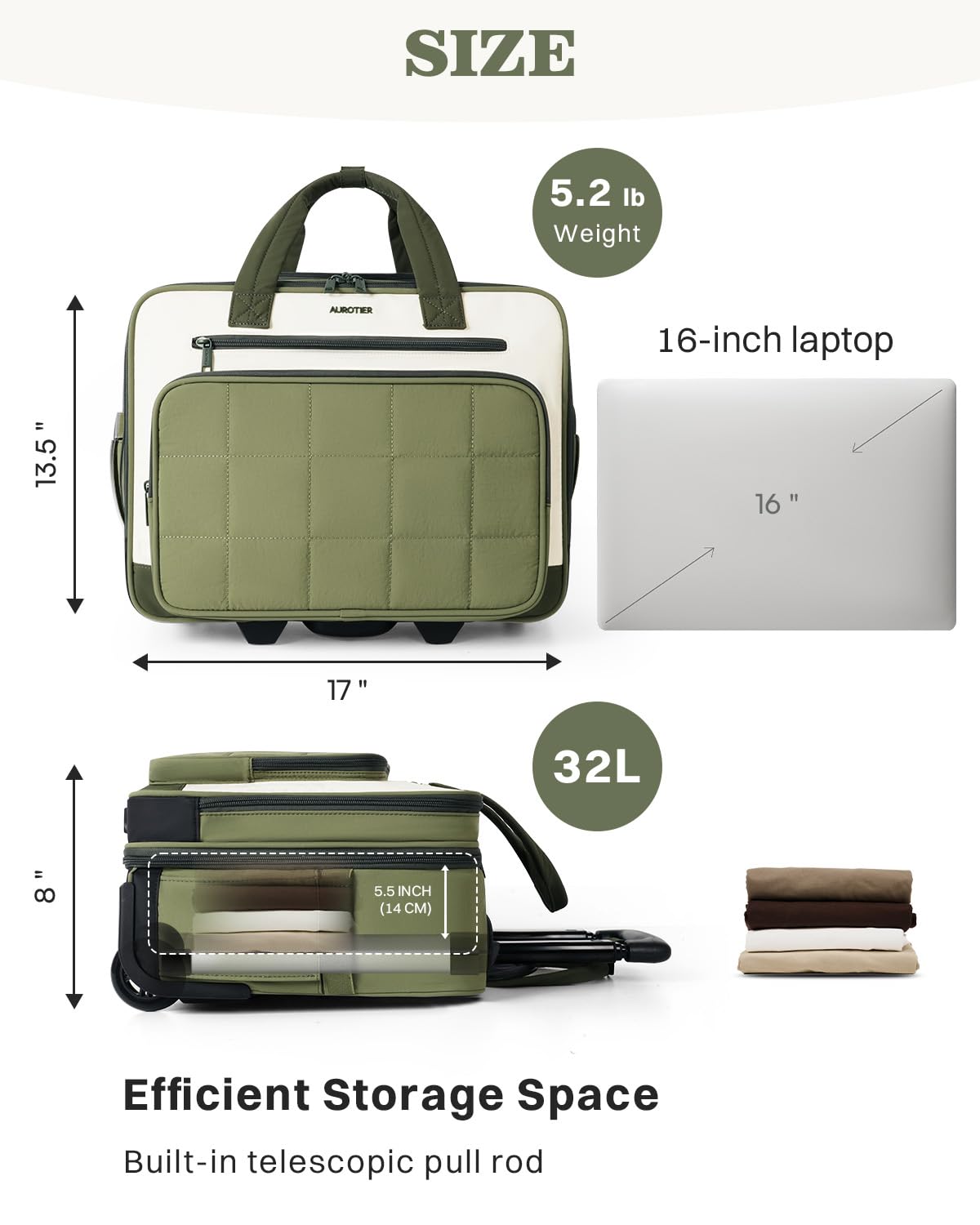 Rolling Puffer Laptop Bag, 16 Inch Water Resistant Carry On Luggage with Wheels, Green R4202