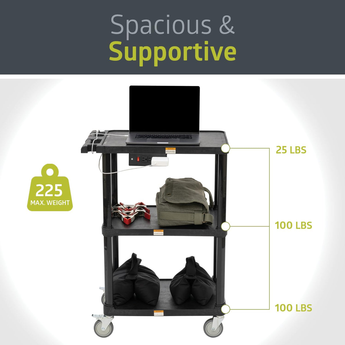 3-Shelf Mobile Utility Cart with 3 Outlets and 8' Cord, Black L751