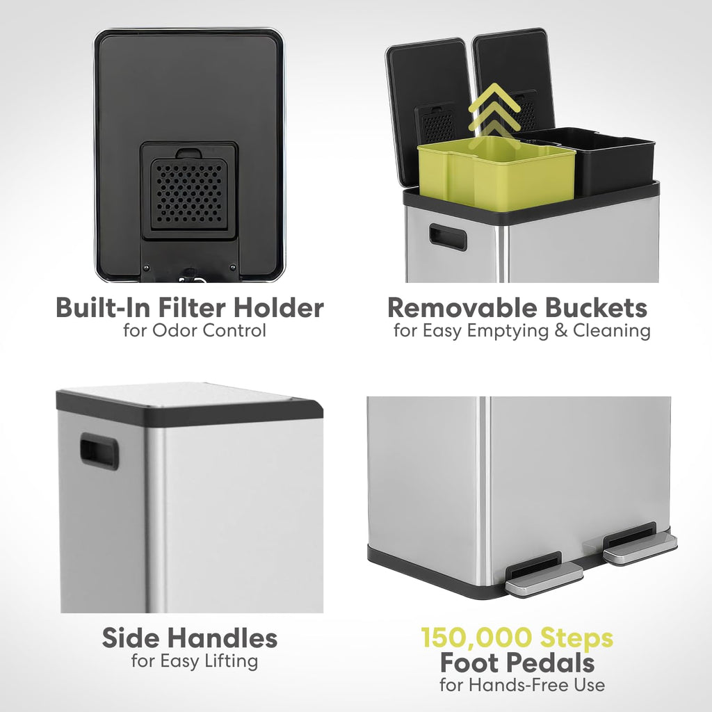 16 Gallon Dual Compartment Stainless Steel Step Trash Can R42214