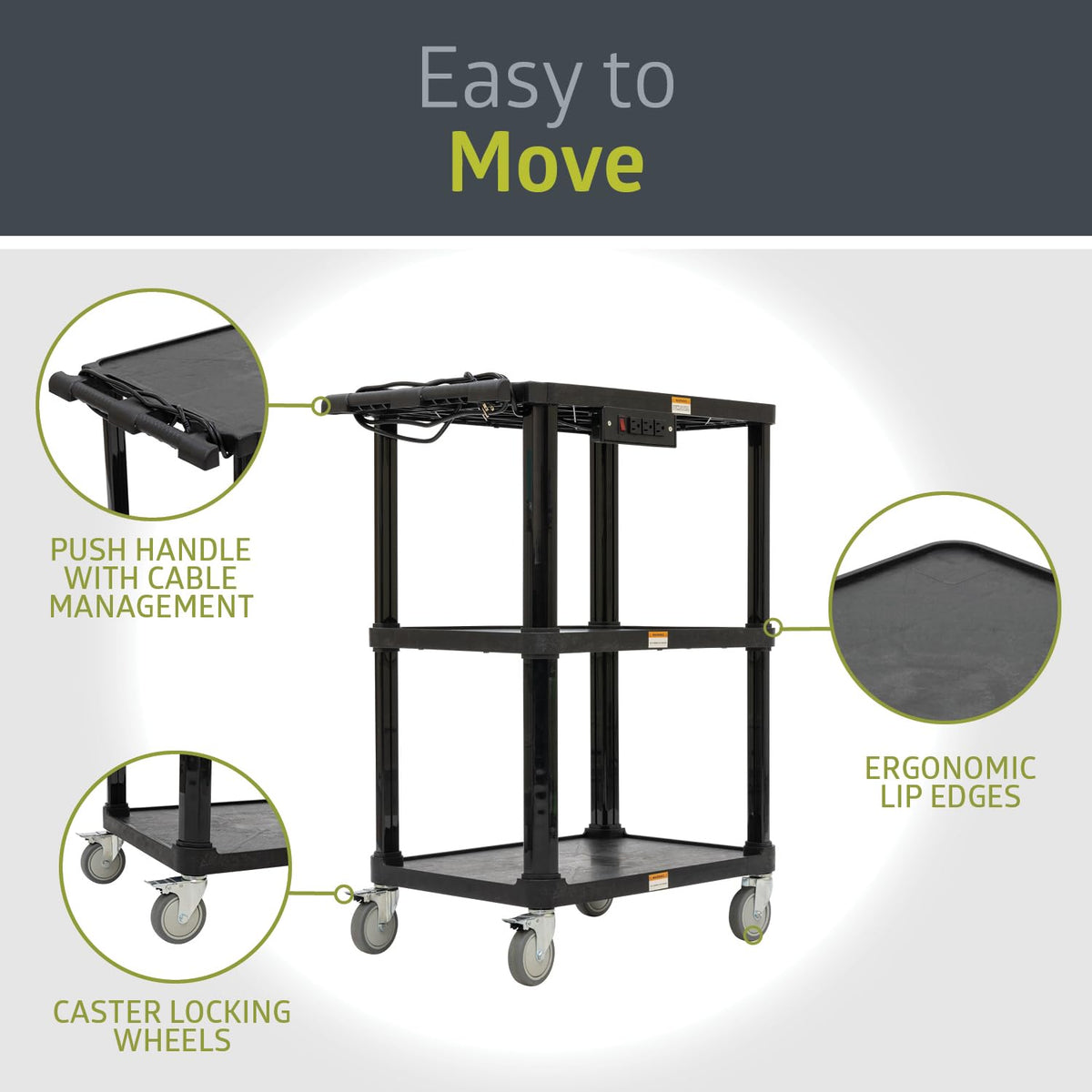 3-Shelf Mobile Utility Cart with 3 Outlets and 8' Cord, Black L751
