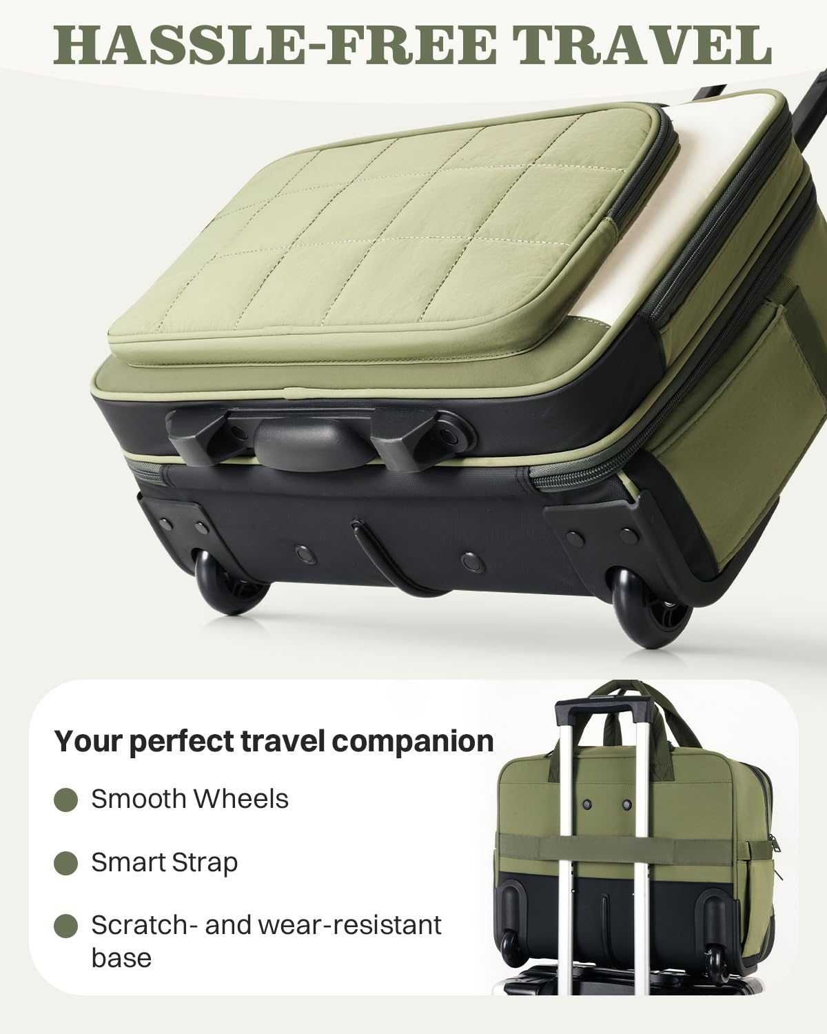 Rolling Puffer Laptop Bag, 16 Inch Water Resistant Carry On Luggage with Wheels, Green R4202