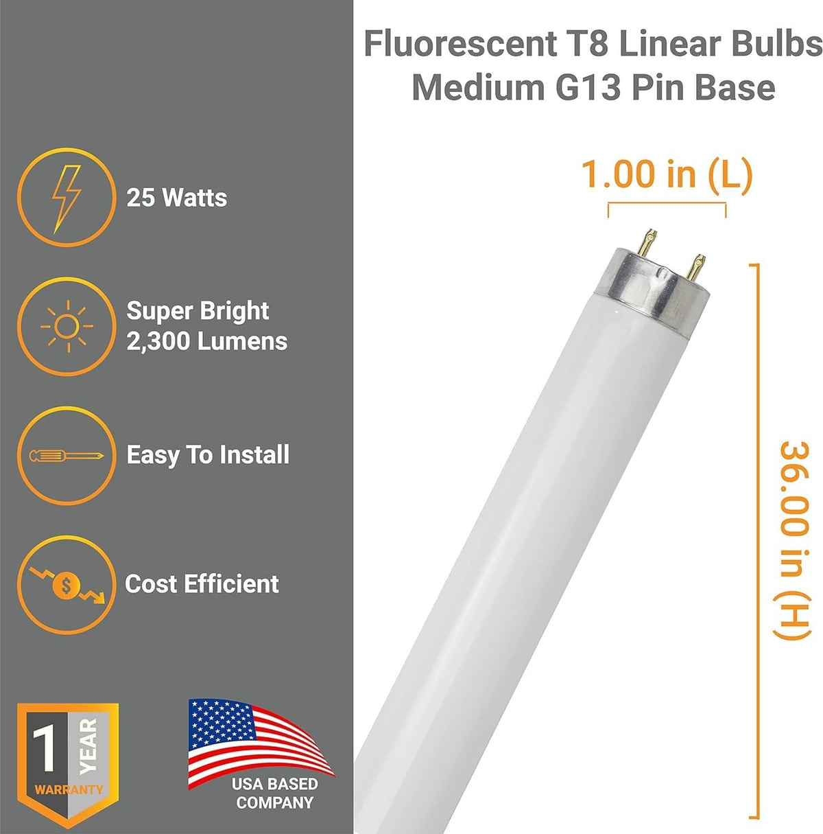 T8 Fluorescent Tube Light Bulb 25W 4100K Cool White G13 Pack of 30 F8415