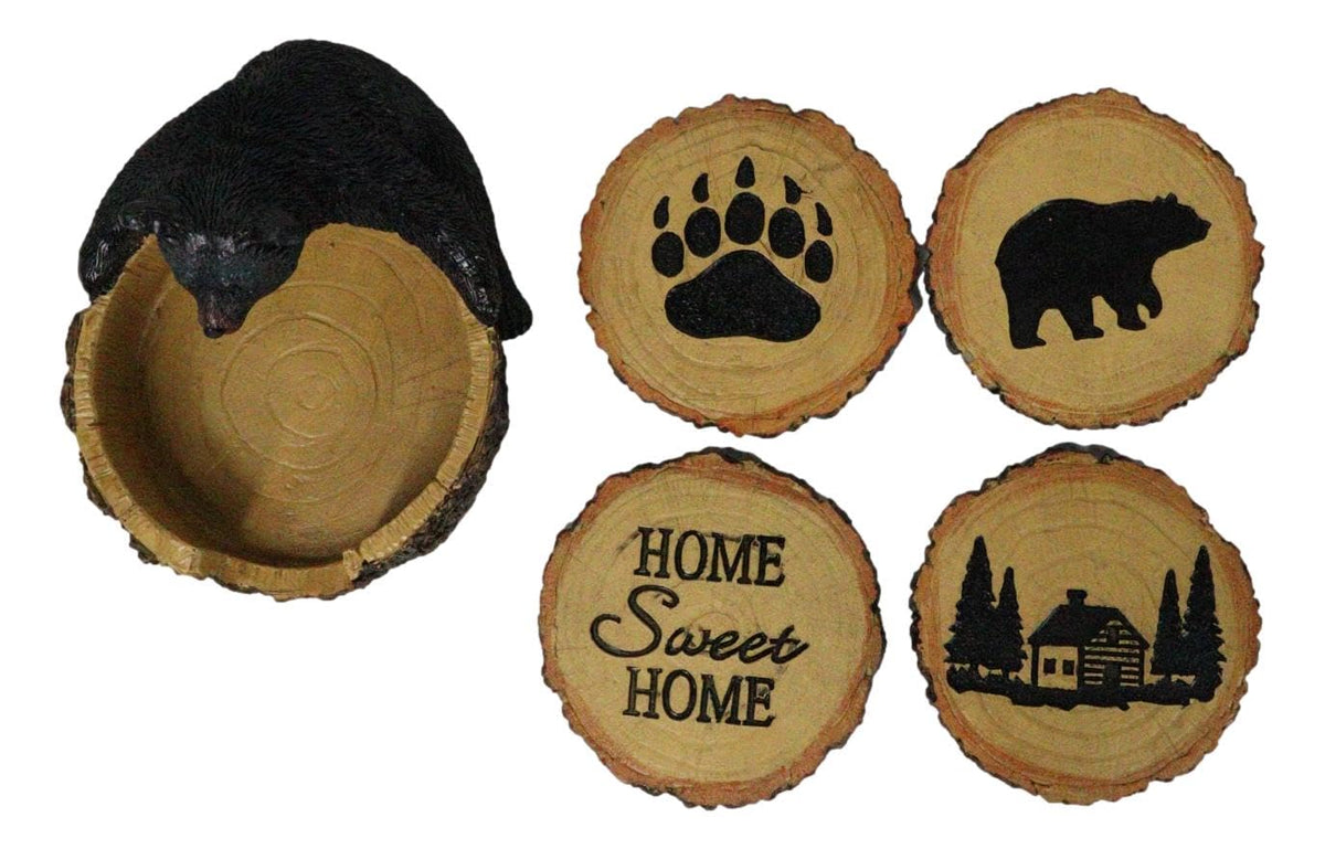 Black Bear Tree Trunk Coaster Holder with 4 Coasters F949