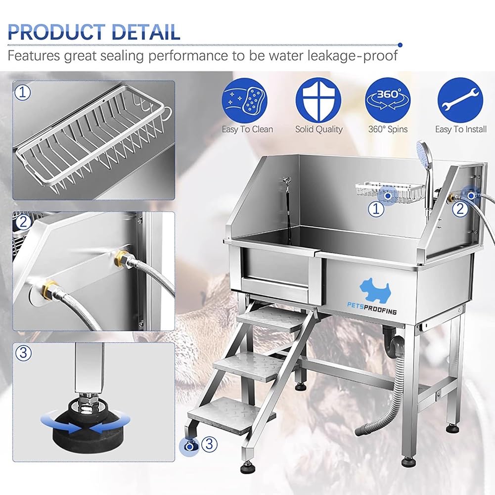 34" Stainless Steel Pet Dog Grooming Bath Tub with Walk-in Stairs R28225