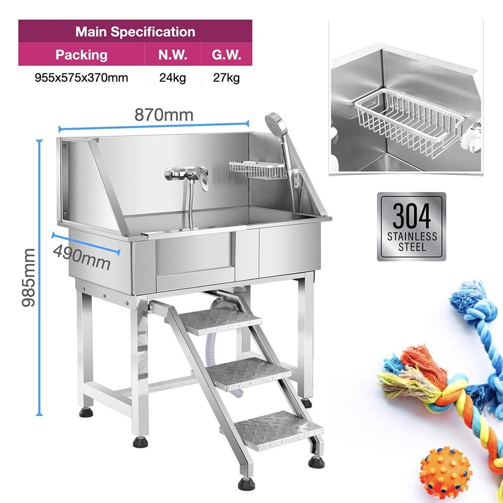 34" Stainless Steel Pet Dog Grooming Bath Tub with Walk-in Stairs R28225