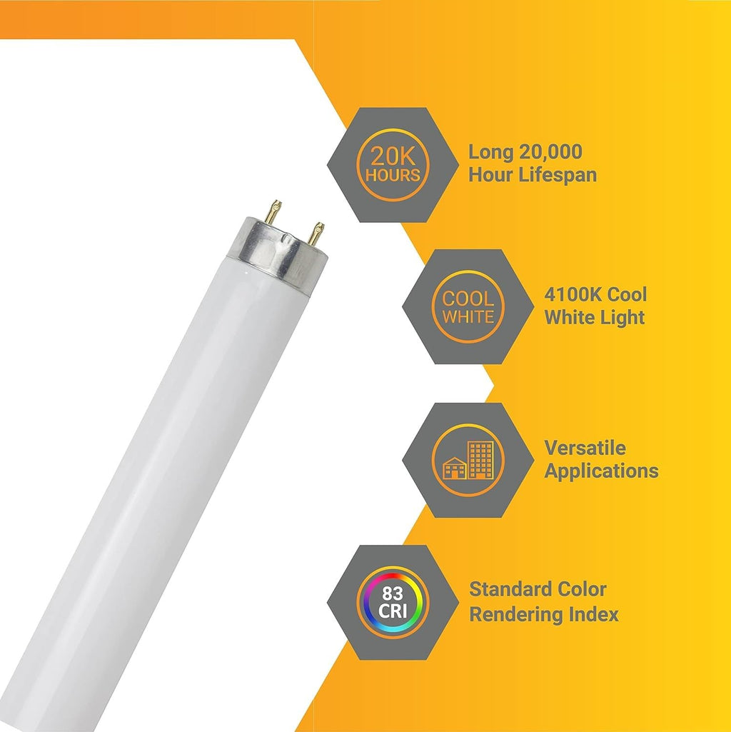 T8 Fluorescent Tube Light Bulb 25W 4100K Cool White G13 Pack of 30 F8415