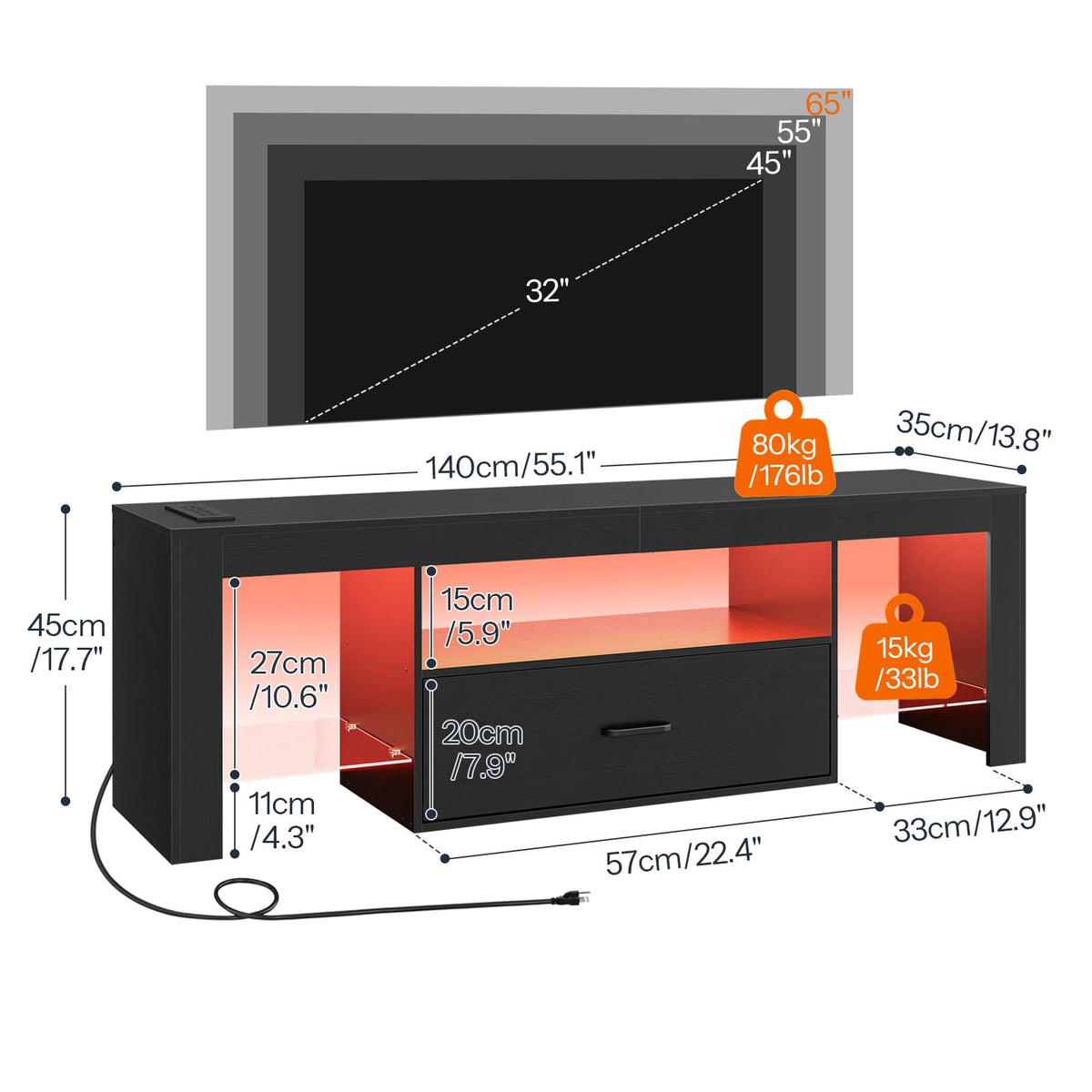 Black Glass Shelf TV Stand with Outlets and Drawer J422449