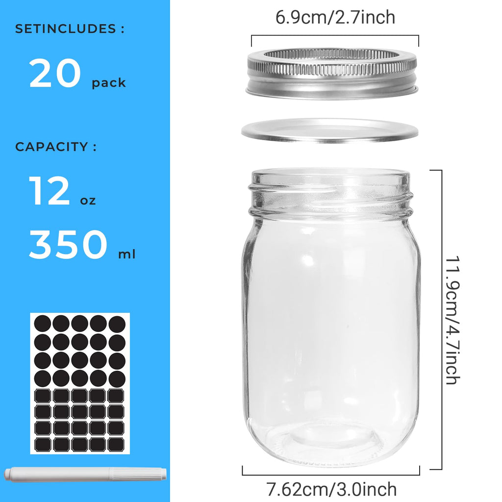 12 oz 20 Pack Glass Mason Jars with Airtight Lids H316