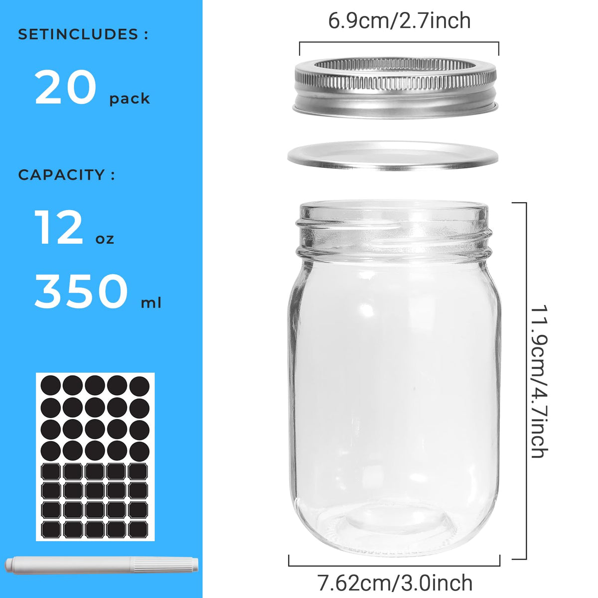 12 oz 20 Pack Glass Mason Jars with Airtight Lids H316