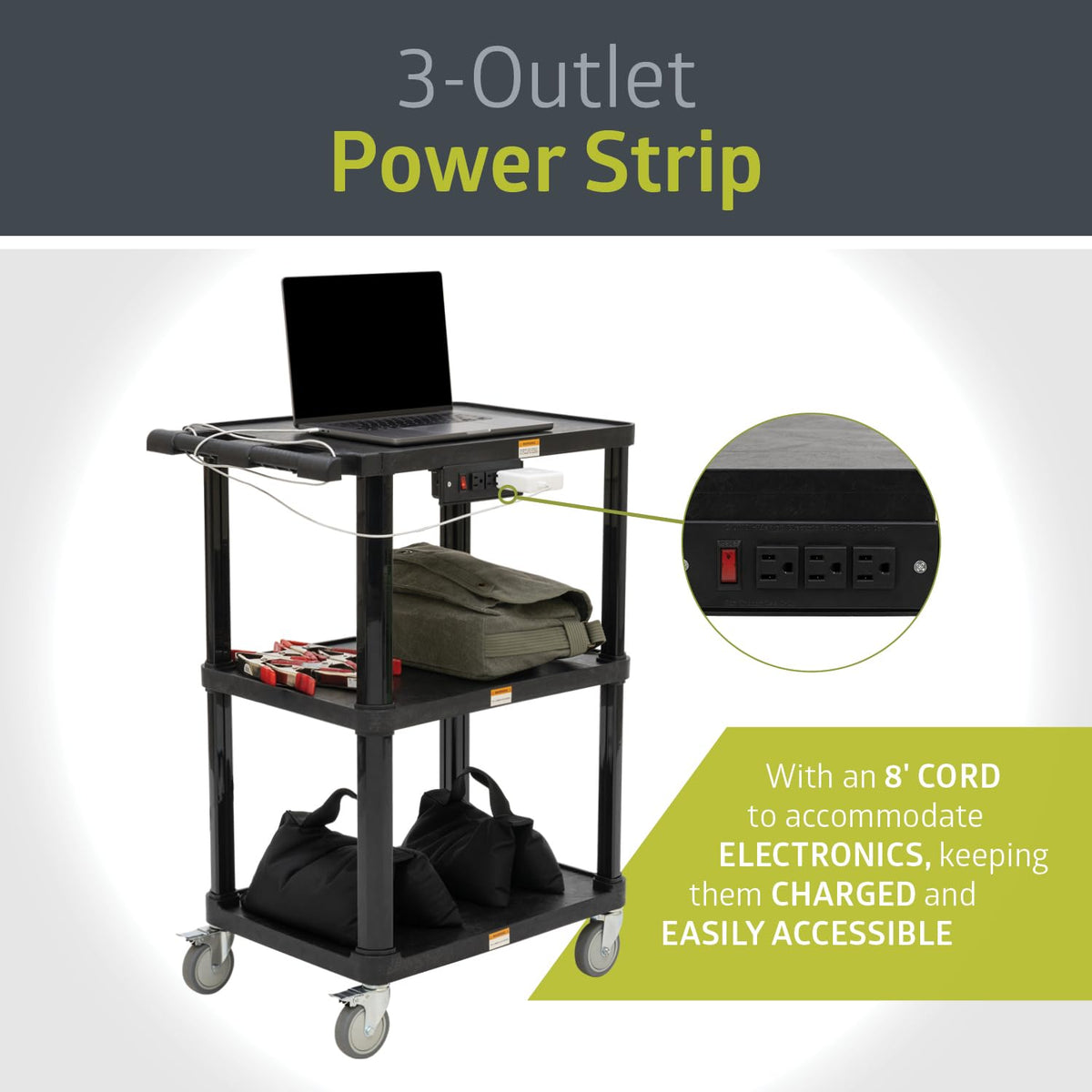 3-Shelf Mobile Utility Cart with 3 Outlets and 8' Cord, Black L751