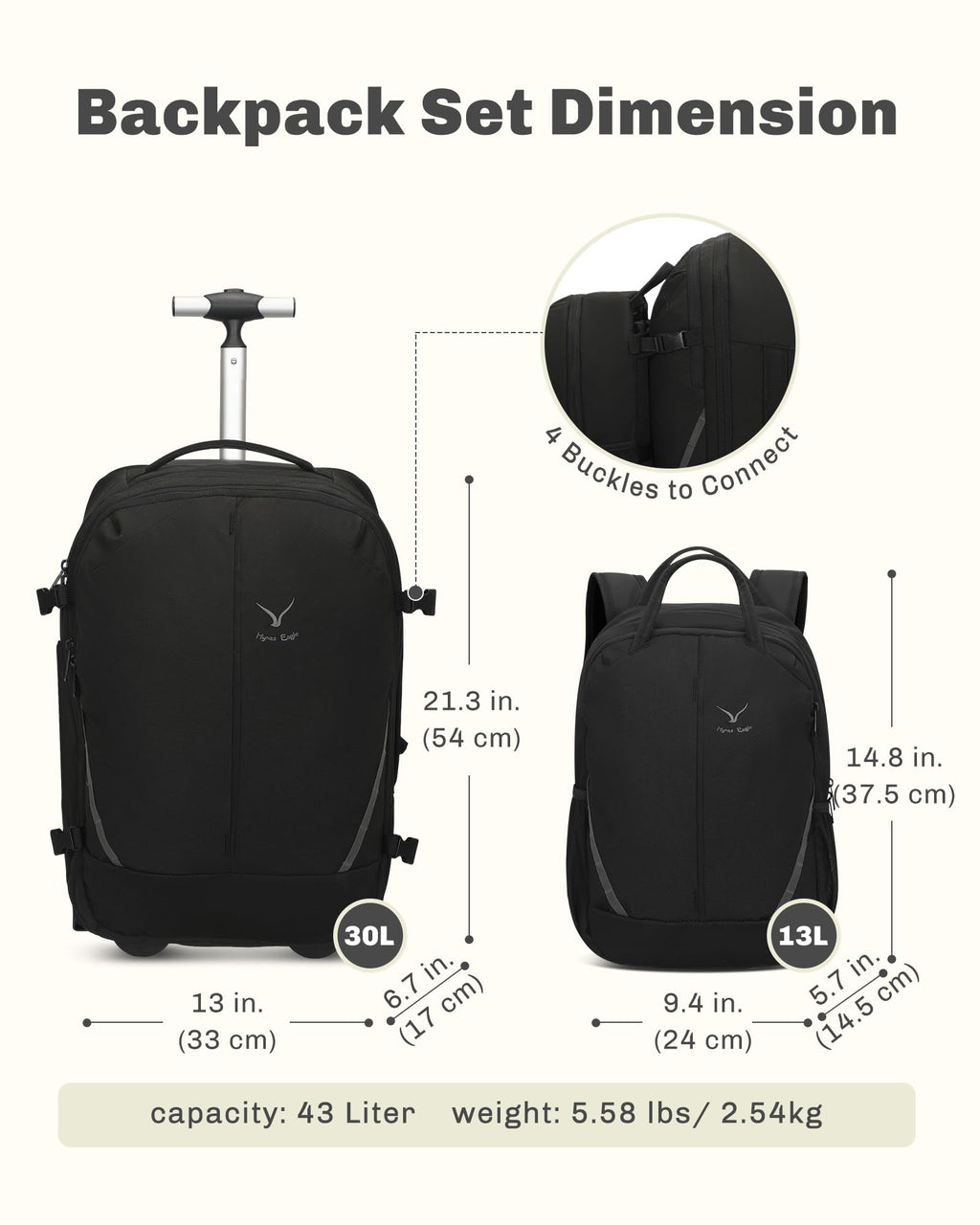 Rolling Backpack with Wheels 43L with Waist Pack Beige E56999