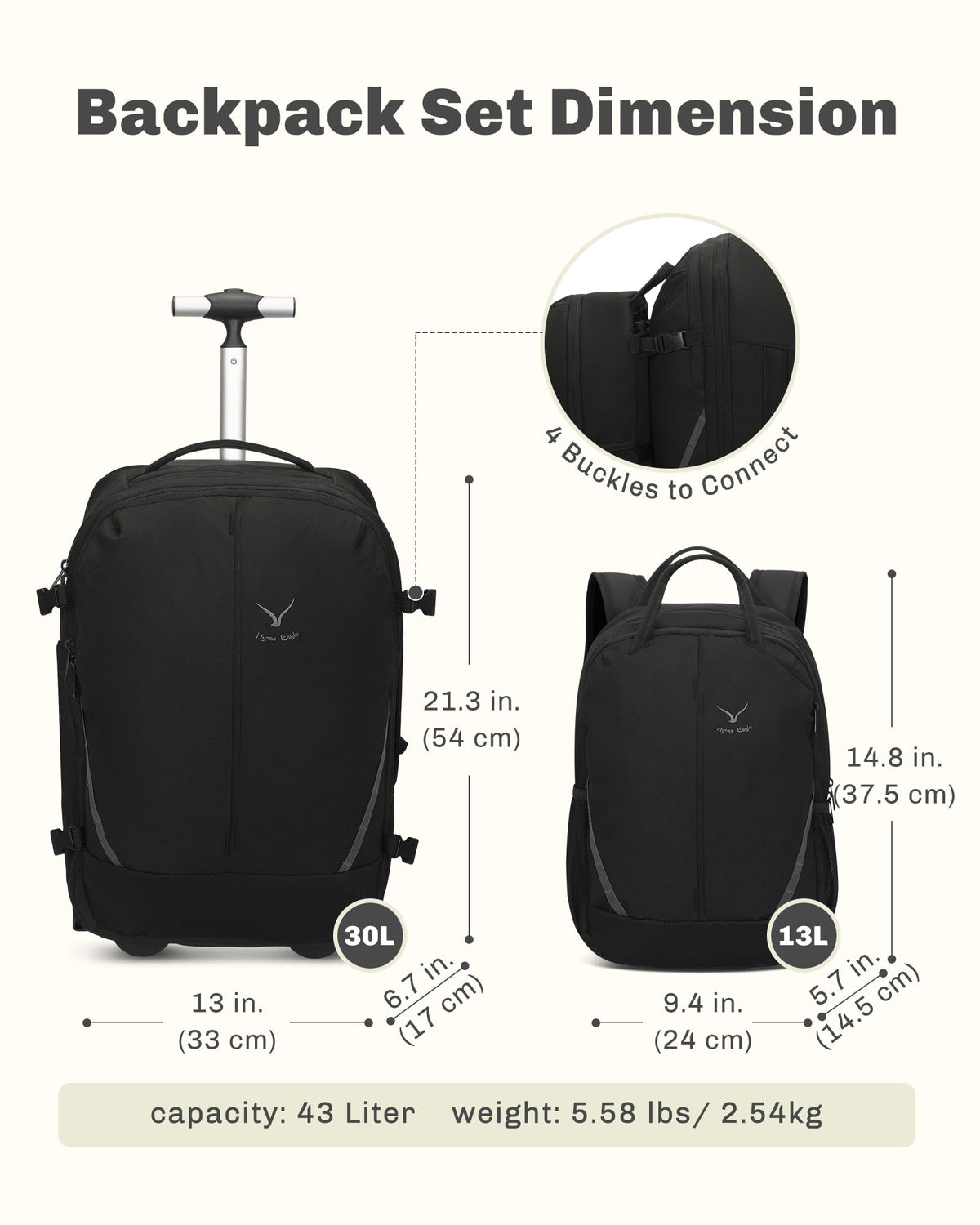Rolling Backpack with Wheels 43L with Waist Pack Beige E56999
