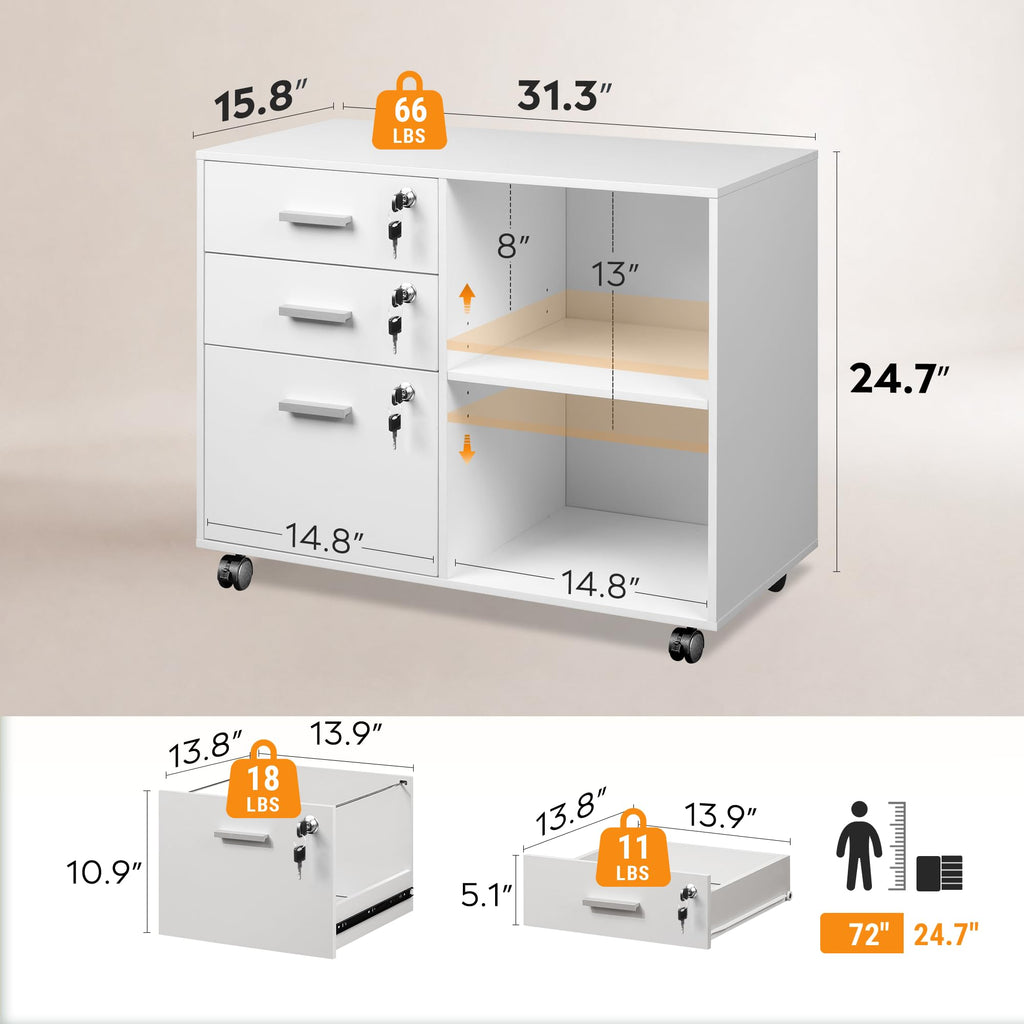 White 3 Drawer Wood File Cabinet with Lock M197331