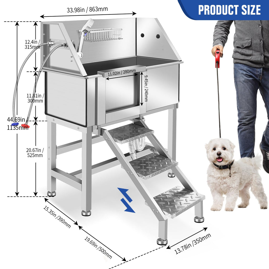 34 Inch Stainless Steel Dog Grooming Bathtub with Anti-Slip Stairs V783