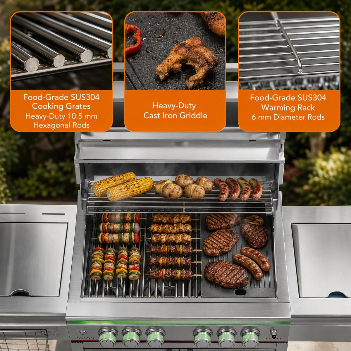 Heavy-duty SUS304 Stainless Steel 6-Burner Propane Gas Grill H204881