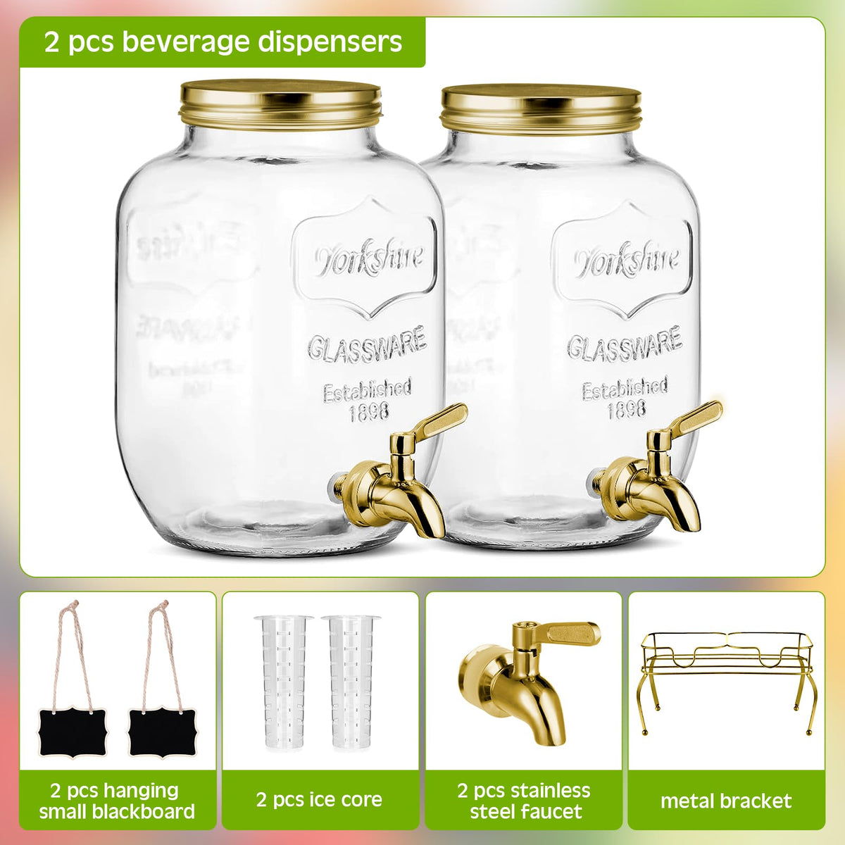 2 Pcs 2 Gallon Glass Drink Dispenser with Stand N942454