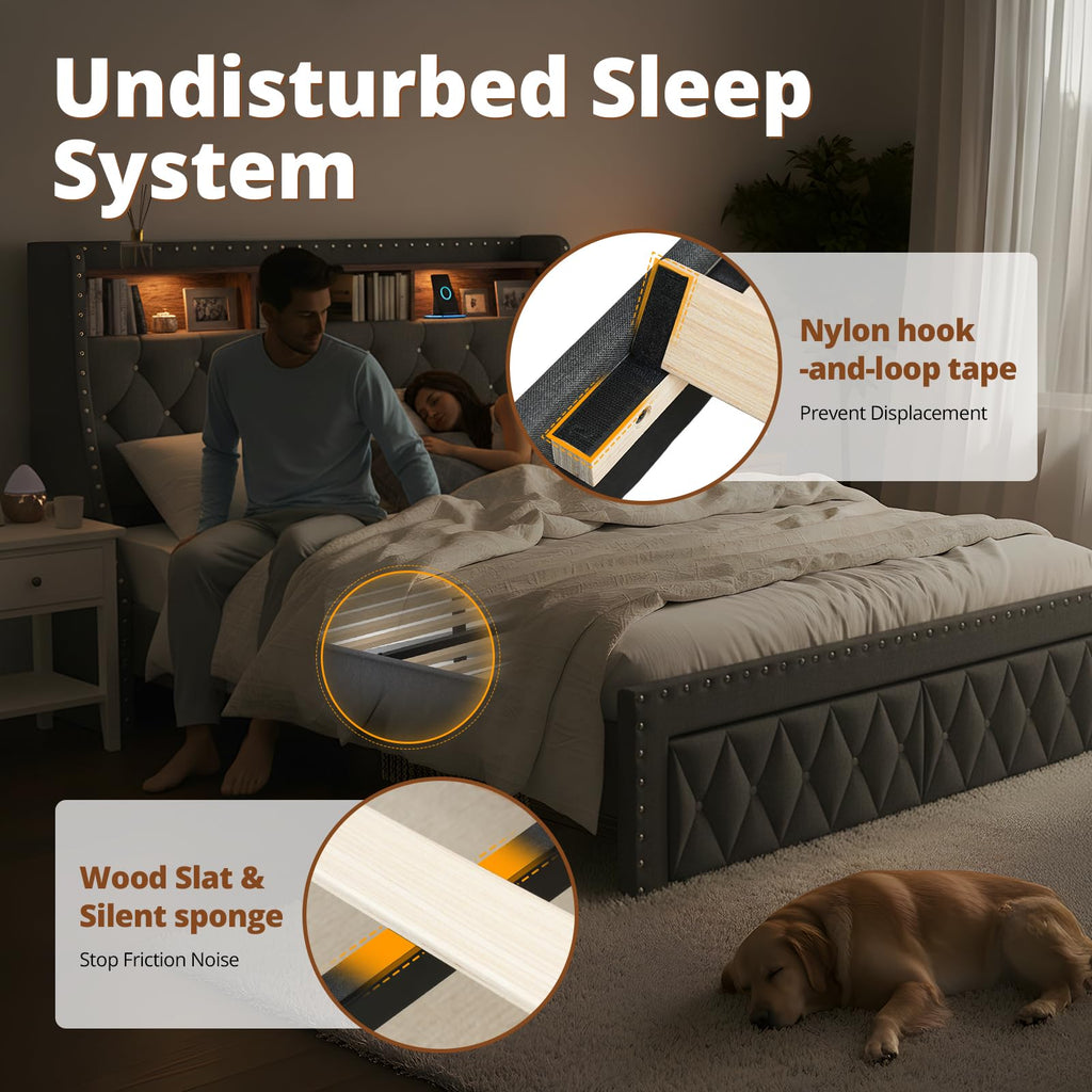 1000LBs Full Bed Frame with Hidden Storage, 2 Drawers and Charging Station F330