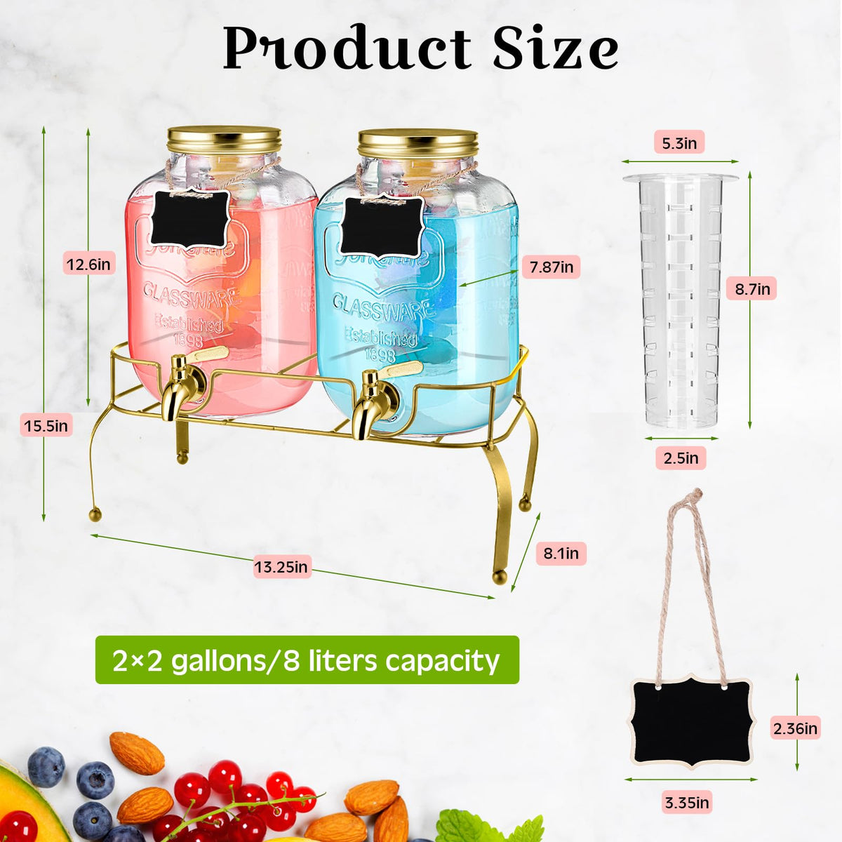 2 Pcs 2 Gallon Glass Drink Dispenser with Stand N942454