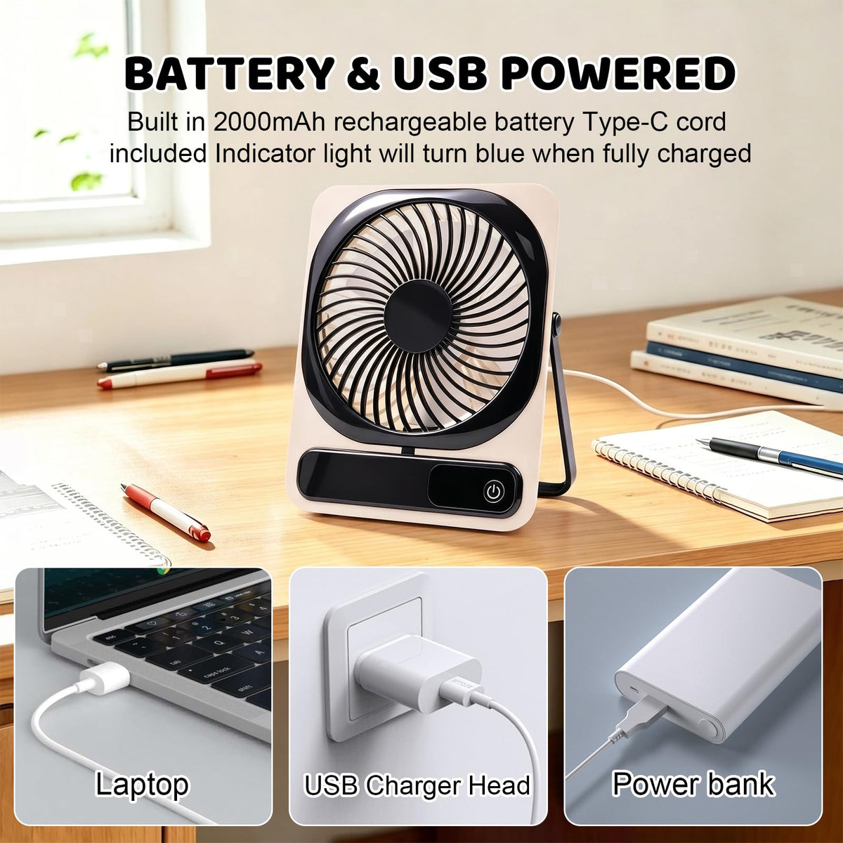 Portable Battery Operated USB Rechargeable Mini Personal Fan H78069