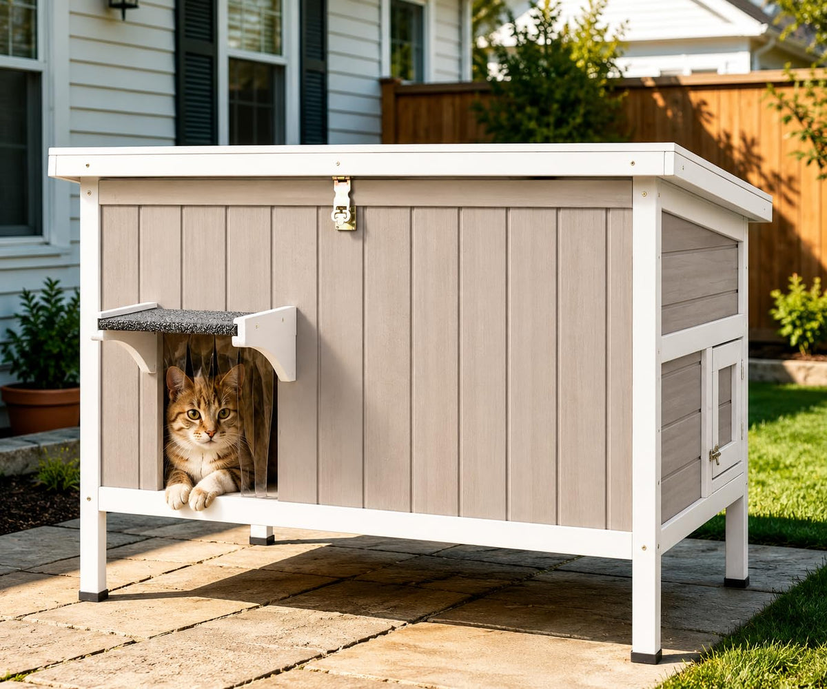 Weatherproof Wooden Outdoor Cat House with Escape Doors L541661