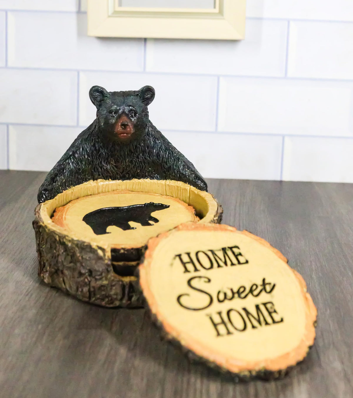 Black Bear Tree Trunk Coaster Holder with 4 Coasters F949