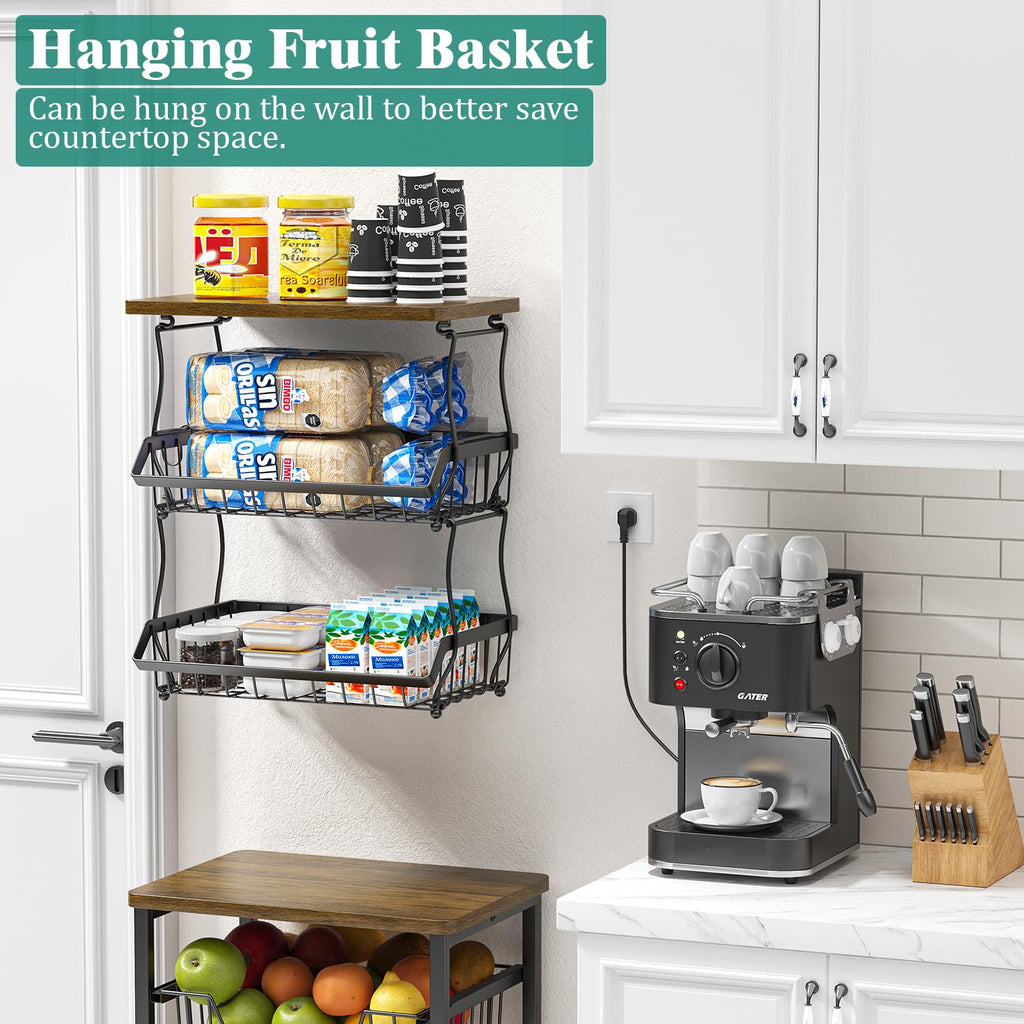 3 Tier Countertop Fruit Basket Bread Bowl with 2 Banana Hangers J634