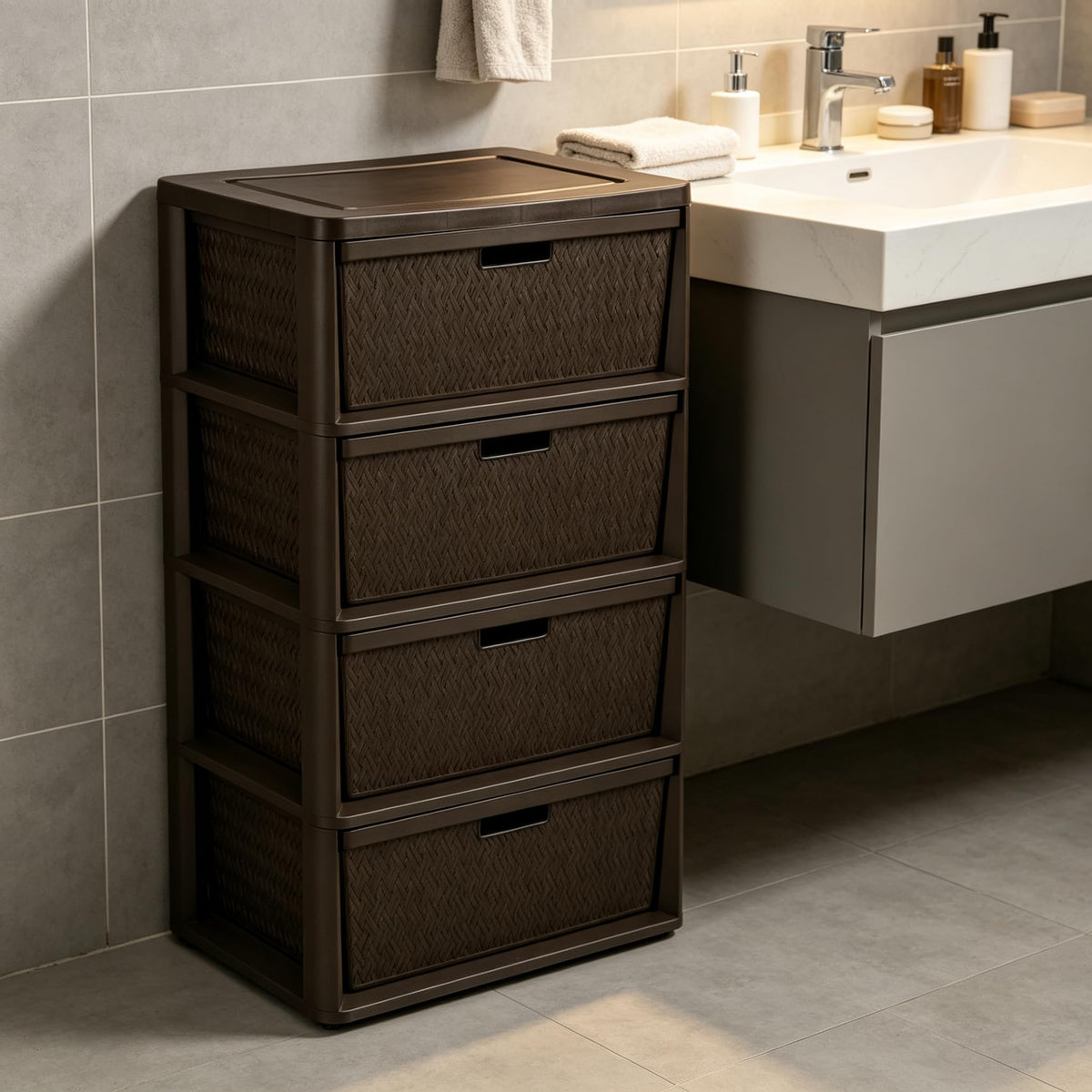Brown 4-Drawer Storage Tower with Bins P566926