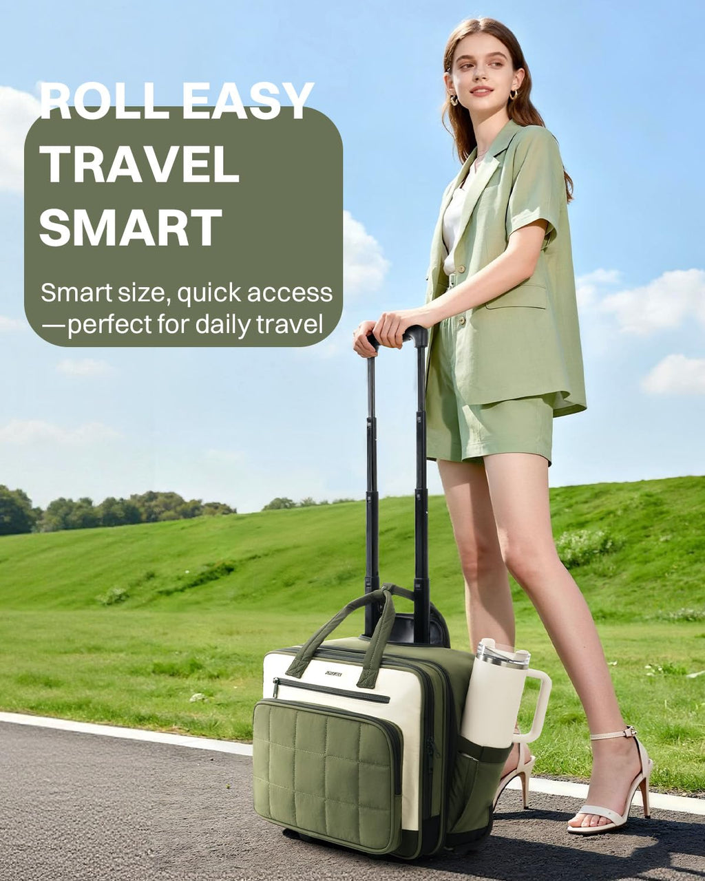 Rolling Puffer Laptop Bag, 16 Inch Water Resistant Carry On Luggage with Wheels, Green R4202