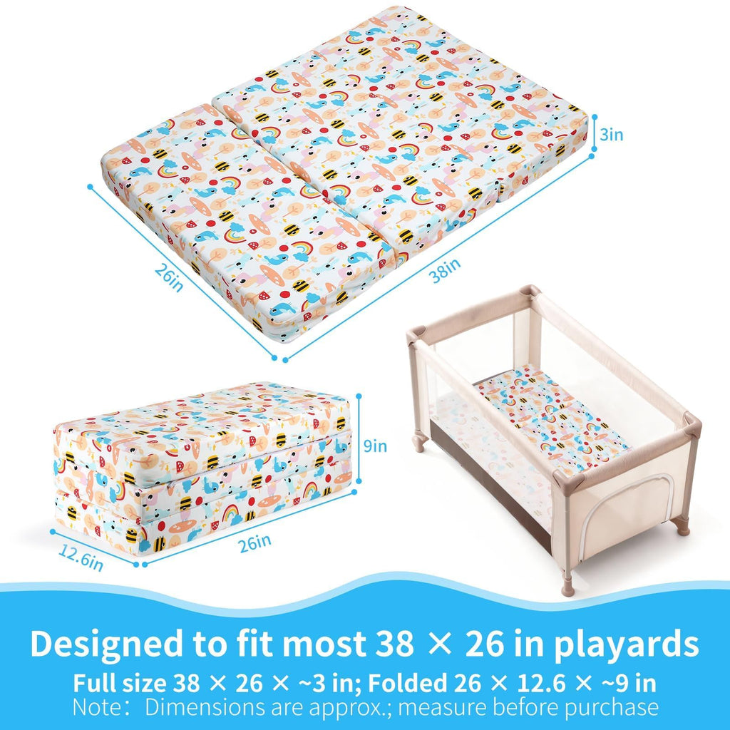 Trifold Pack and Play Mattress 38x26, Dual Sided Foldable Waterproof Washable Portable Crib Mattress Topper with Carry Bag O4219