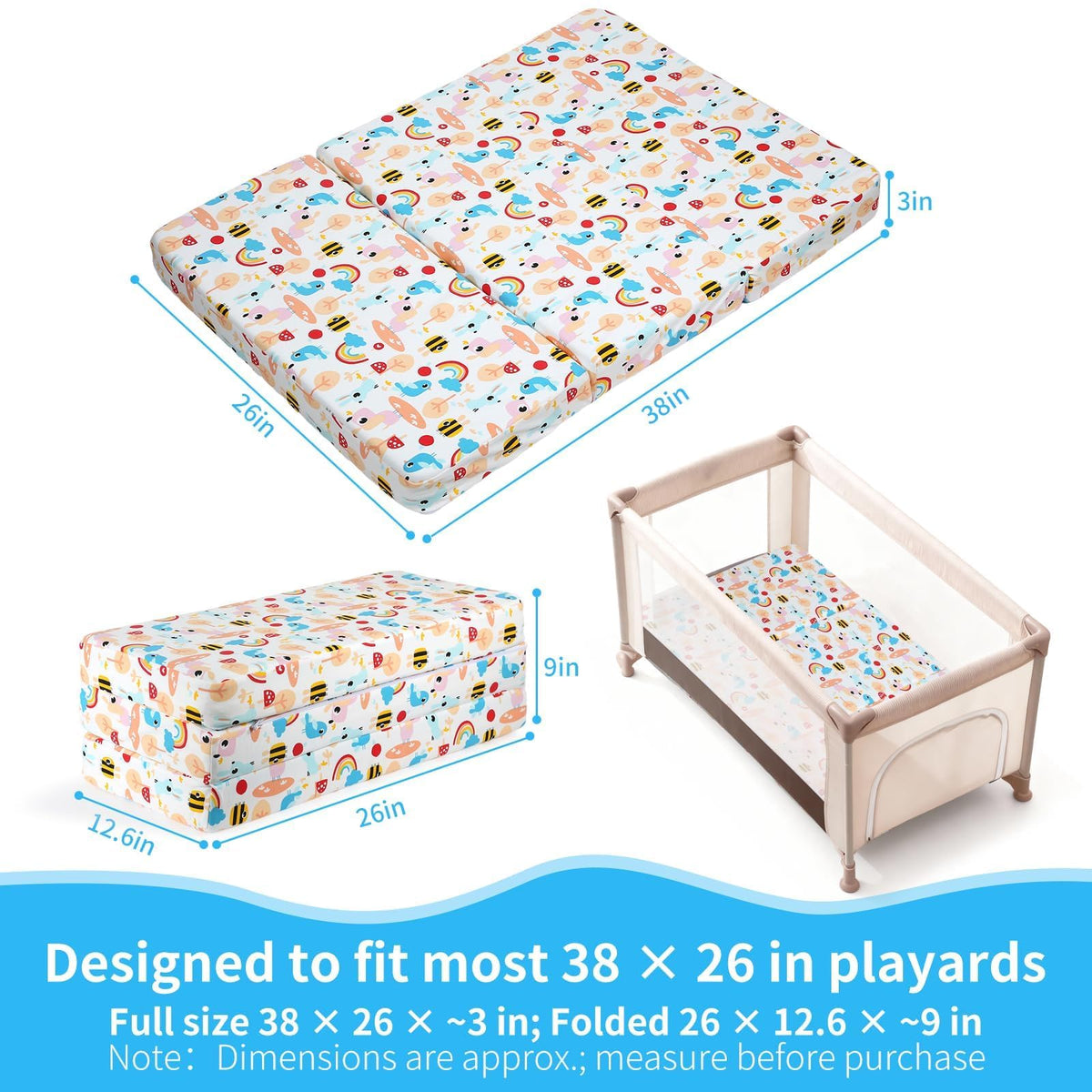 Trifold Pack and Play Mattress 38x26, Dual Sided Foldable Waterproof Washable Portable Crib Mattress Topper with Carry Bag O4219