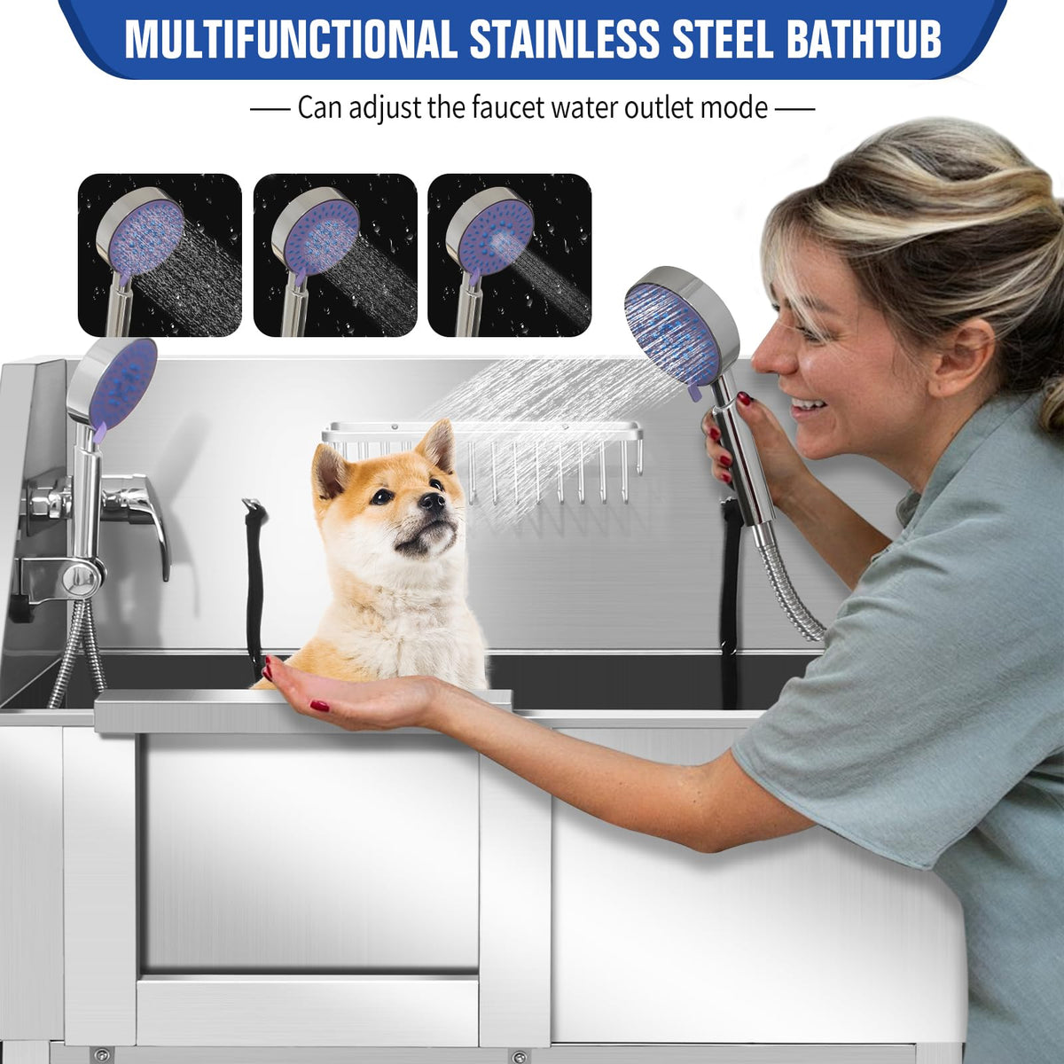 34 Inch Stainless Steel Dog Grooming Bathtub with Anti-Slip Stairs V783