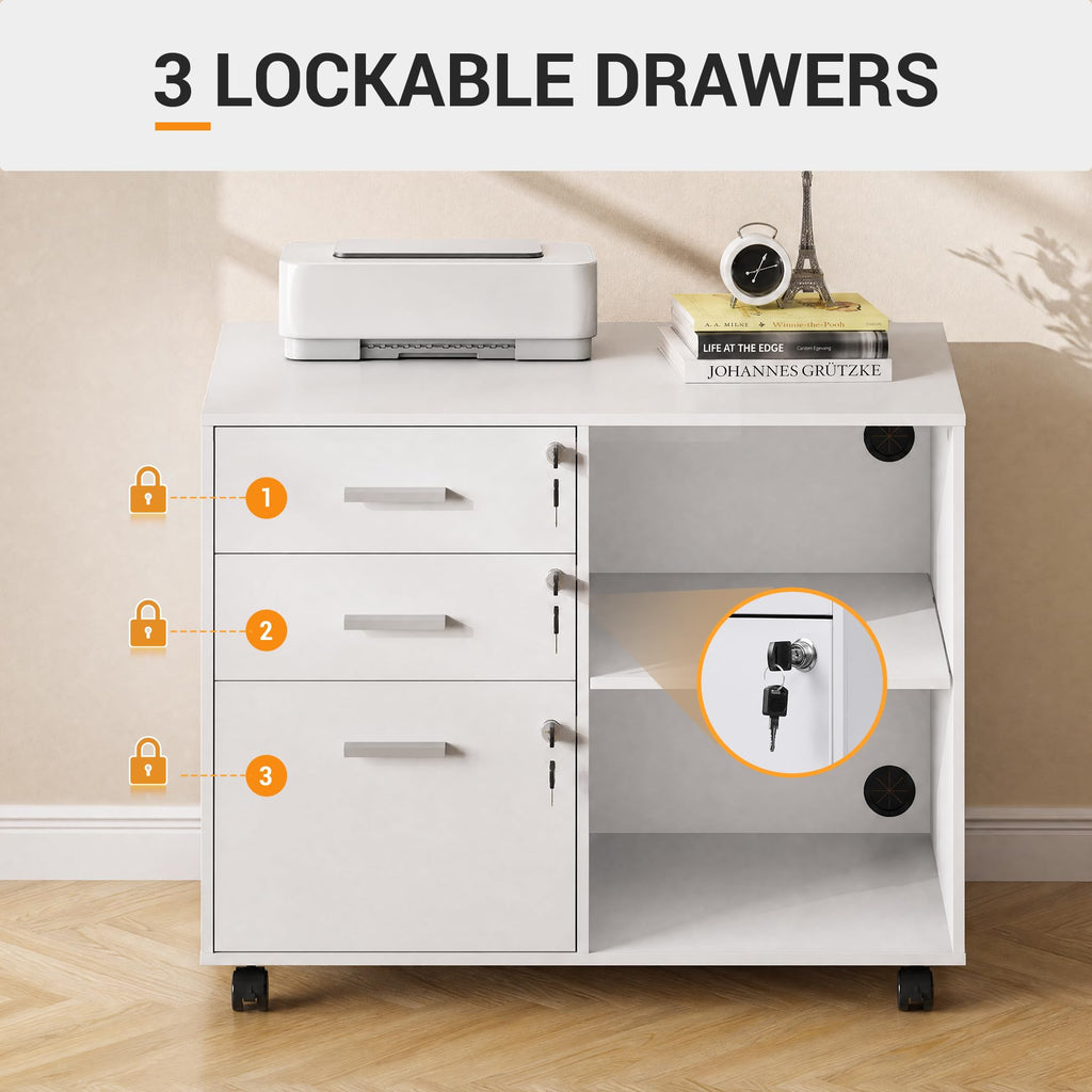 White 3 Drawer Wood File Cabinet with Lock M197331