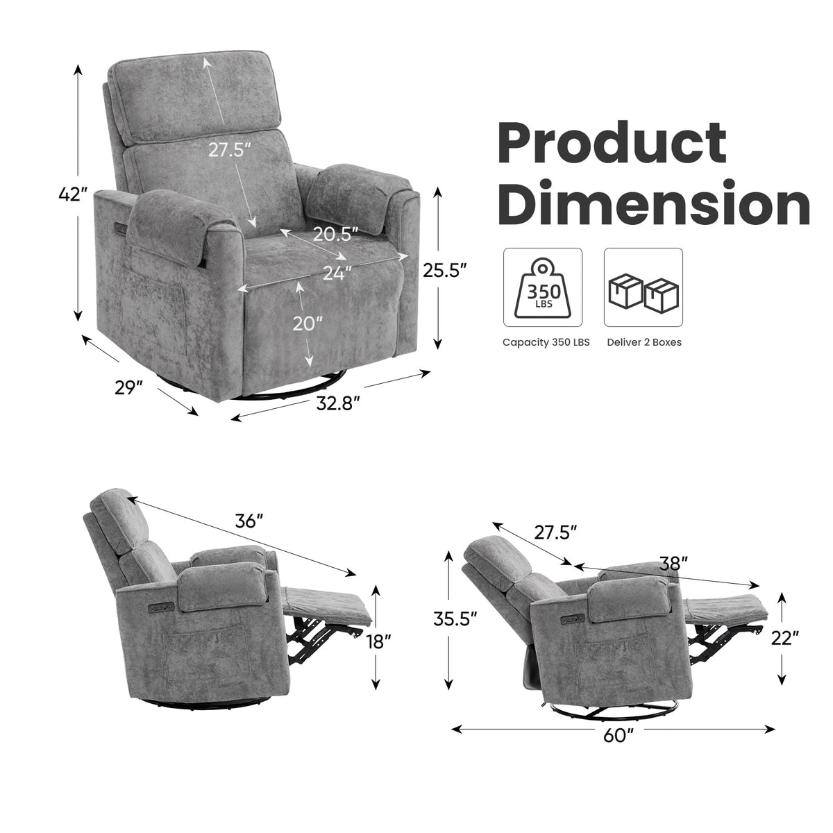 Oversized Swivel Rocking Recliner Chair with USB Ports, Grey R6667