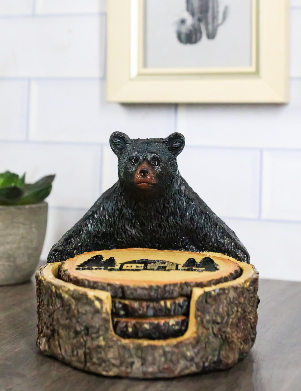 Black Bear Tree Trunk Coaster Holder with 4 Coasters F949