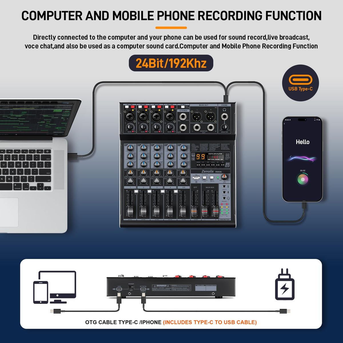 6 Channel Bluetooth Audio Mixer with 2 XLR Inputs F8662