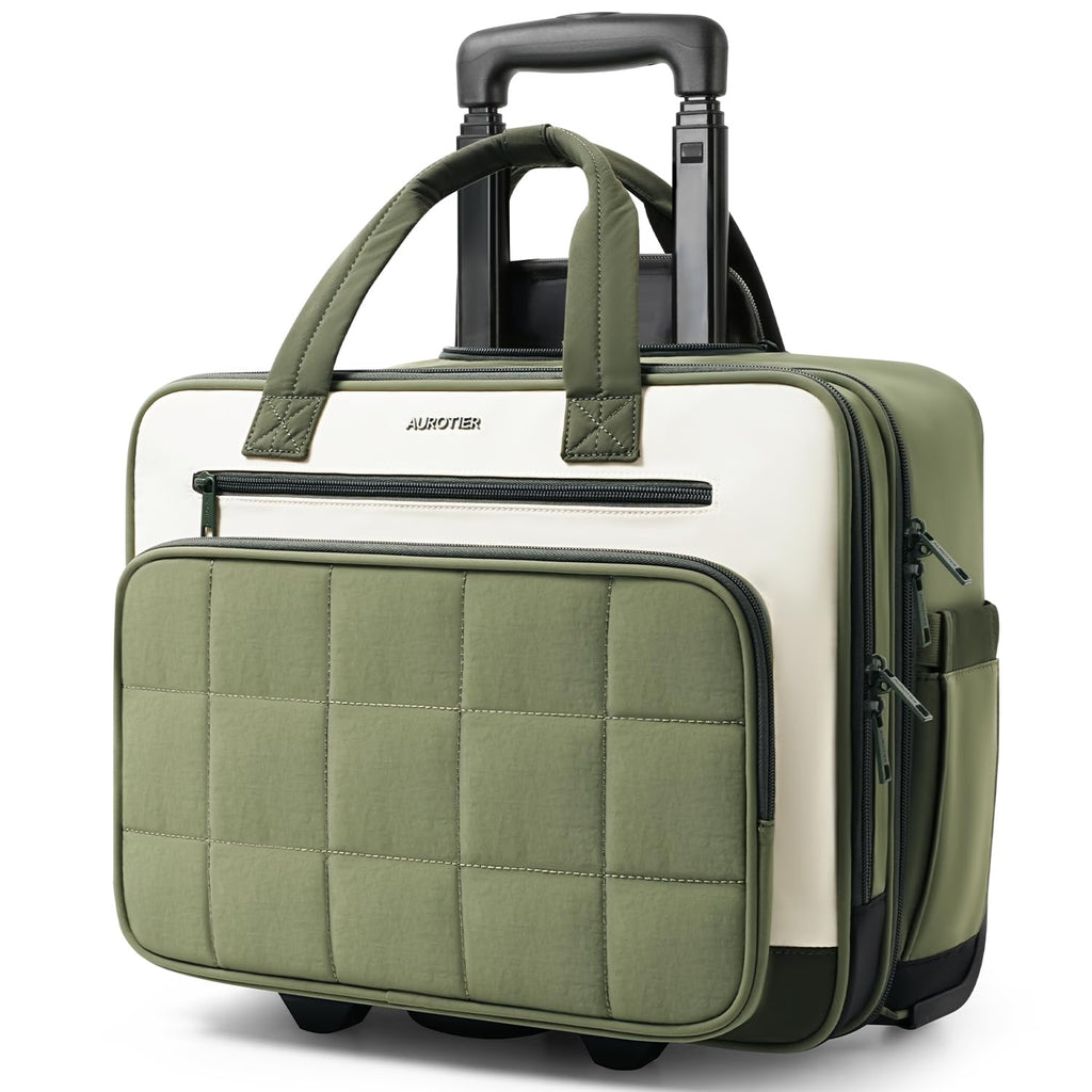 Rolling Puffer Laptop Bag, 16 Inch Water Resistant Carry On Luggage with Wheels, Green R4202