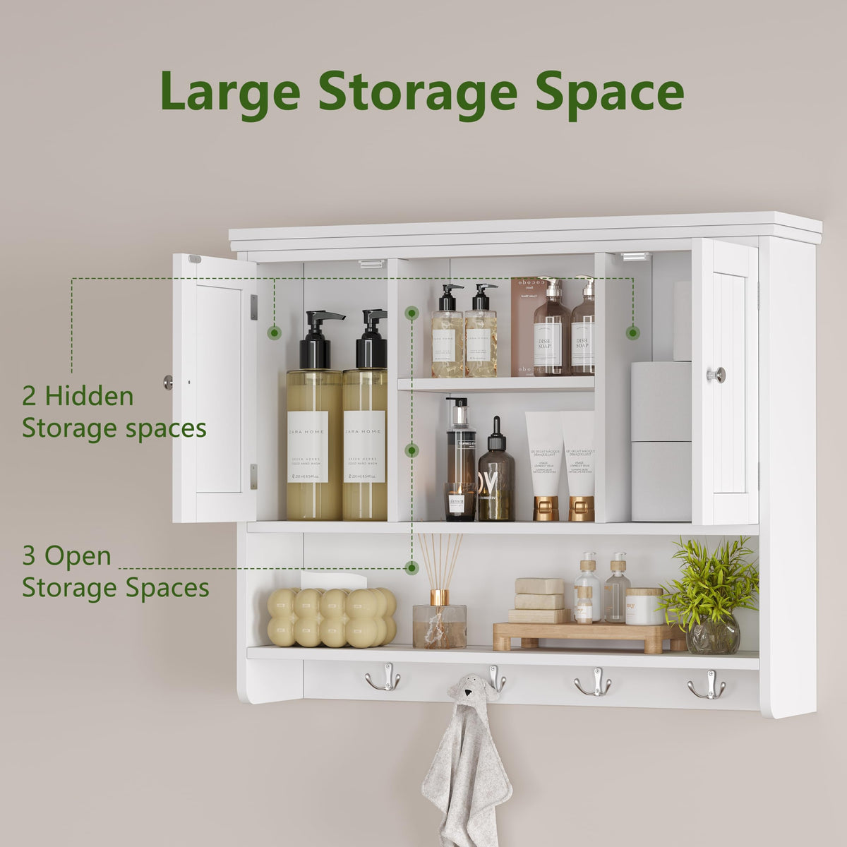 31.5"W 3-Tier Wall Mounted Bathroom Cabinet with Hooks B36046