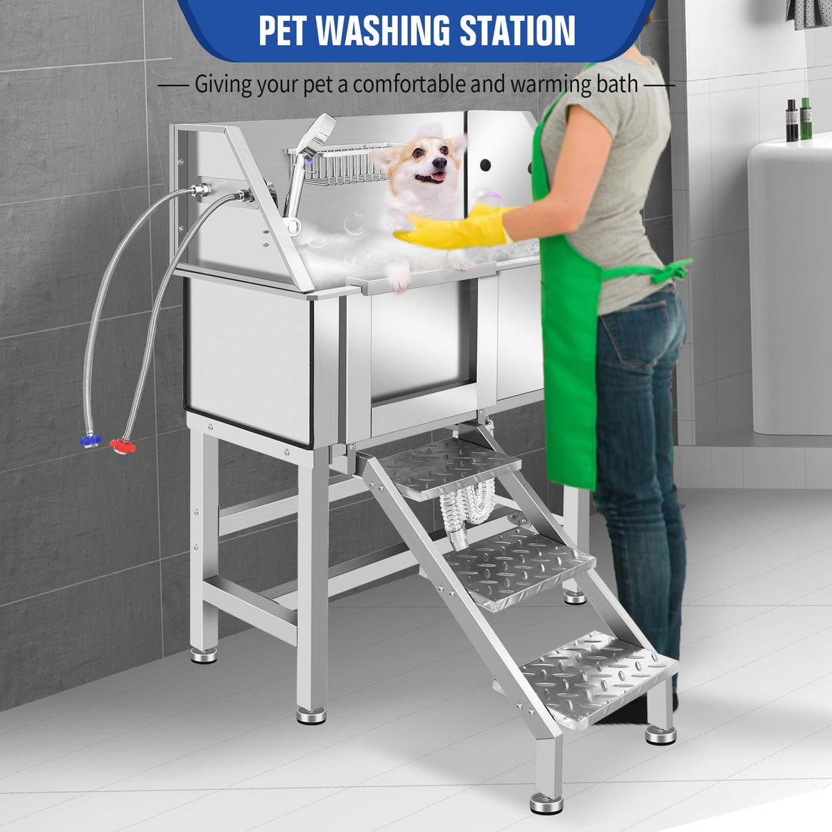 34 Inch Stainless Steel Dog Grooming Bathtub with Anti-Slip Stairs V783