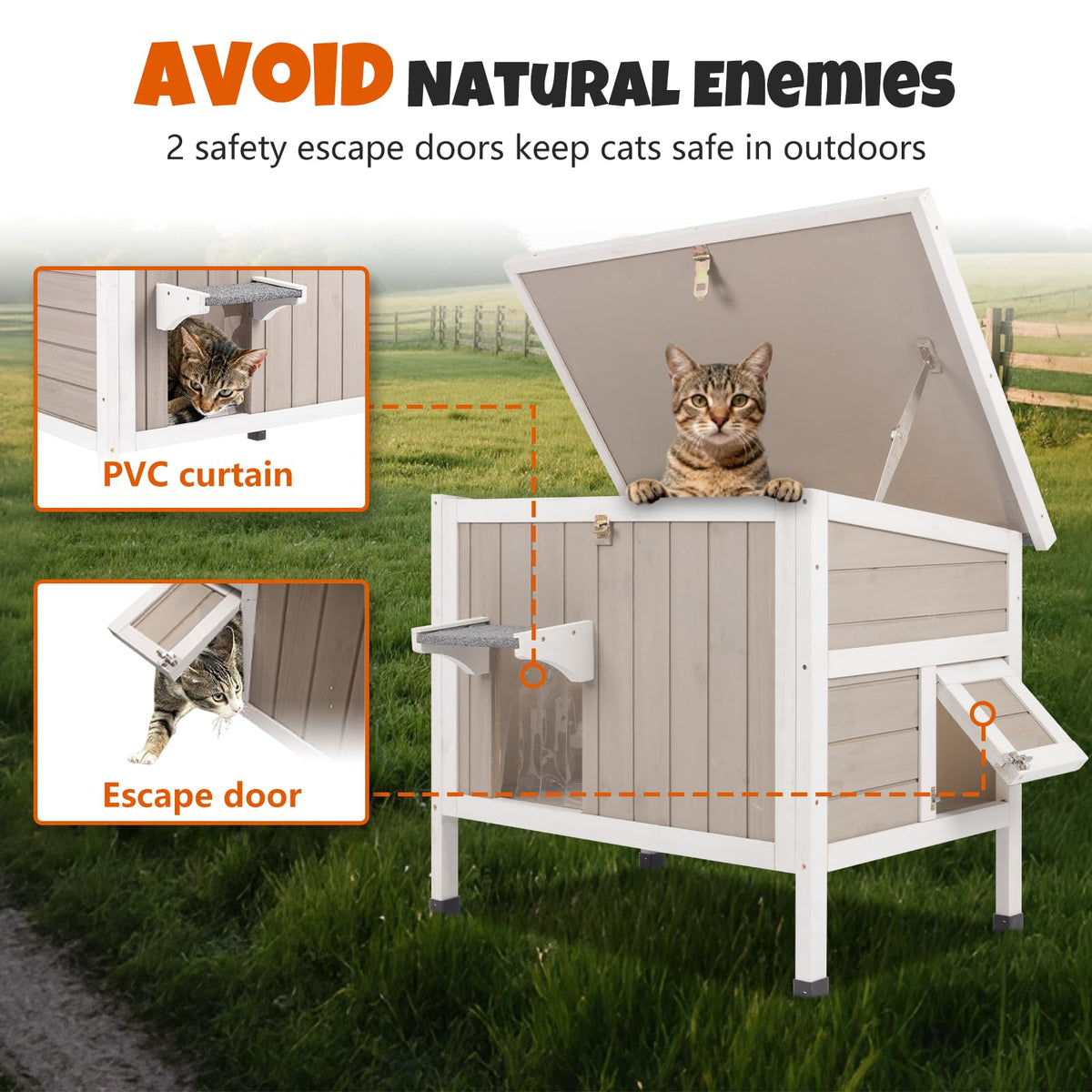 Weatherproof Wooden Outdoor Cat House with Escape Doors L541661