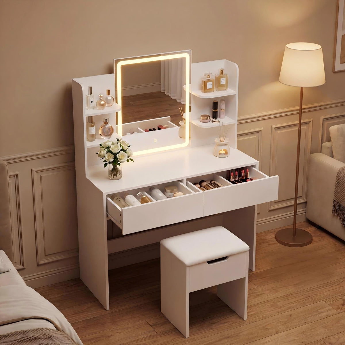 White Vanity Desk Set with LED Mirror G665848