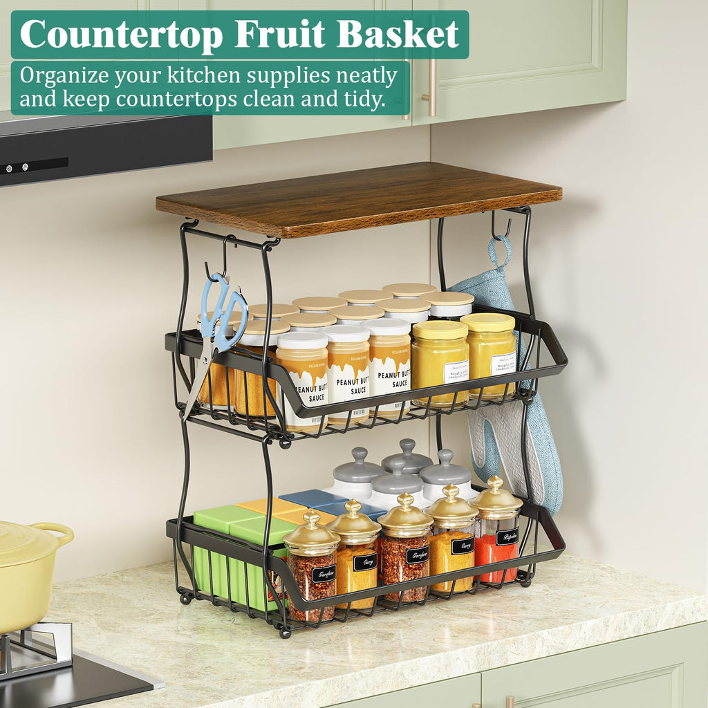 3 Tier Countertop Fruit Basket Bread Bowl with 2 Banana Hangers J634