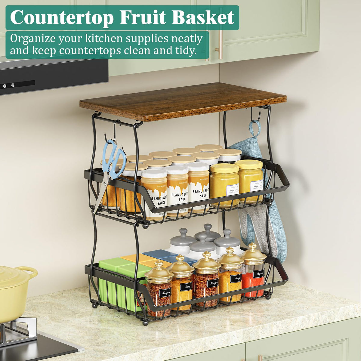 3 Tier Countertop Fruit Basket Bread Bowl with 2 Banana Hangers J634