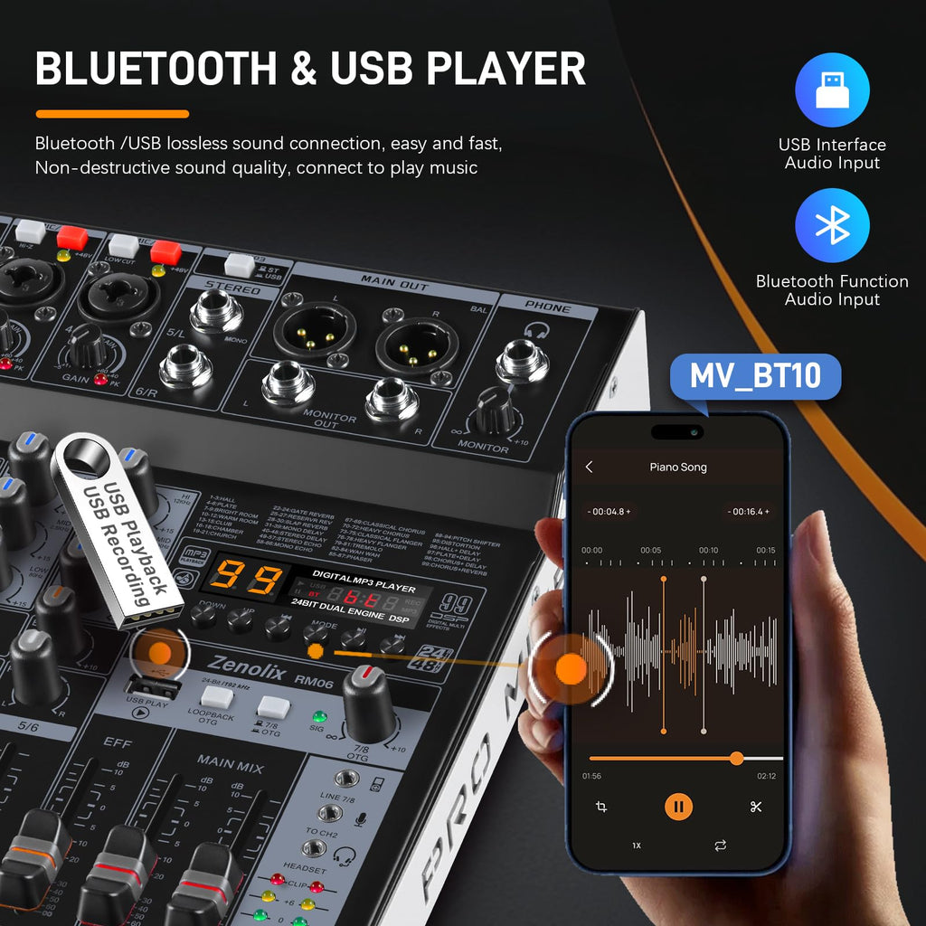 6 Channel Bluetooth Audio Mixer with 2 XLR Inputs F8662