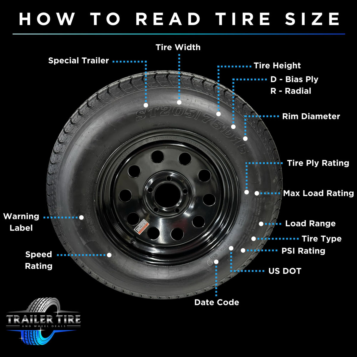 ST205/75R15 Trailer Tire on Rim Load Range C 6 Ply 5 Lug White Spoke Wheel K937806