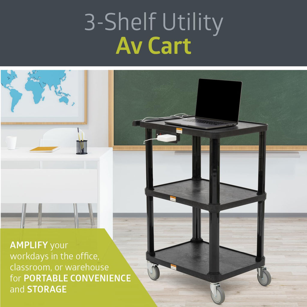 3-Shelf Mobile Utility Cart with 3 Outlets and 8' Cord, Black L751