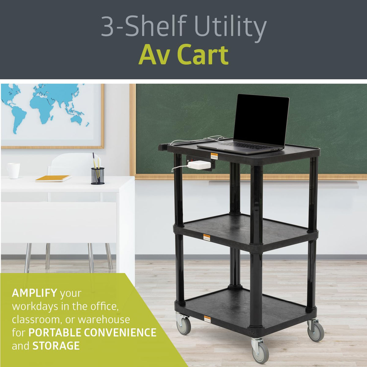 3-Shelf Mobile Utility Cart with 3 Outlets and 8' Cord, Black L751