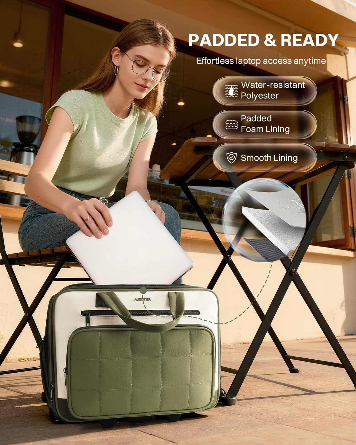Rolling Puffer Laptop Bag, 16 Inch Water Resistant Carry On Luggage with Wheels, Green R4202