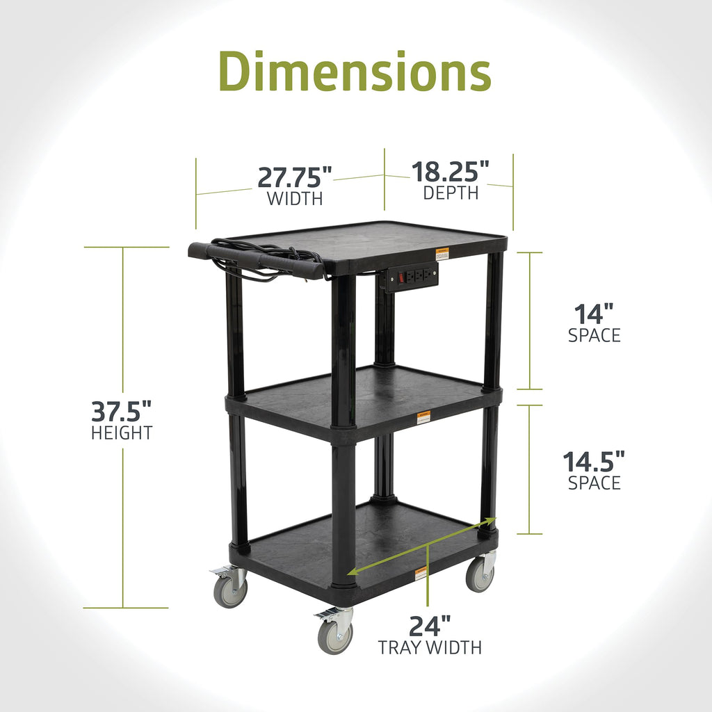 3-Shelf Mobile Utility Cart with 3 Outlets and 8' Cord, Black L751