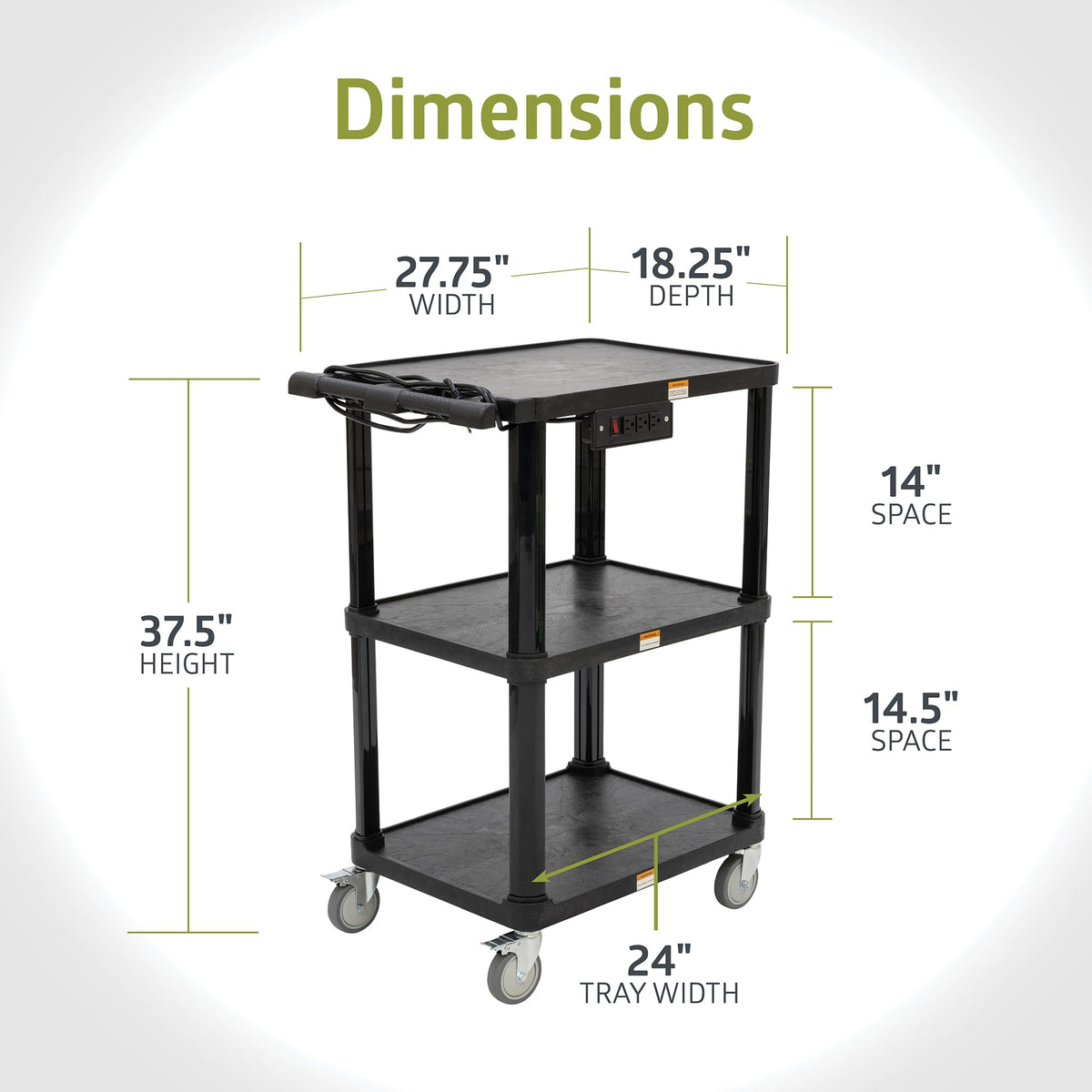 3-Shelf Mobile Utility Cart with 3 Outlets and 8' Cord, Black L751